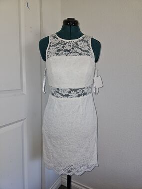 David's Bridal DB Studio Ivory Short Lace Sheath Dress with Illusion Details